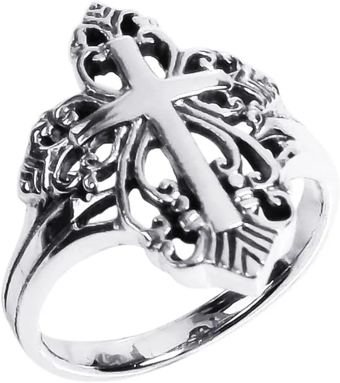 AeraVida Captivating Filigree Cross .925 Sterling Silver Ring | Casual Comfort Fit Silver Rings for Women | Religious | Sterling Silver Rings Sizes 5-12