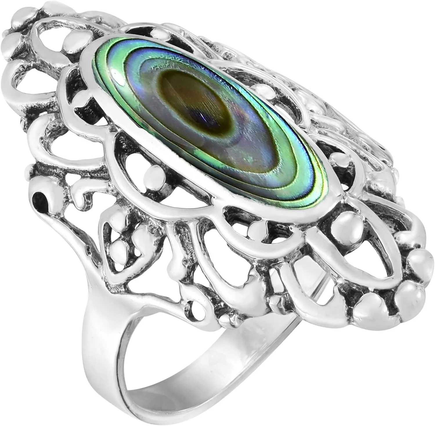 AeraVida Heart Filigree Oval Abalone Shell .925 Sterling Silver Ring | Elegant Wedding Rings For Women | Casual Comfort Fit Silver Rings for Women | Gift for Daughter | Sterling Silver Rings Sizes (6-11)