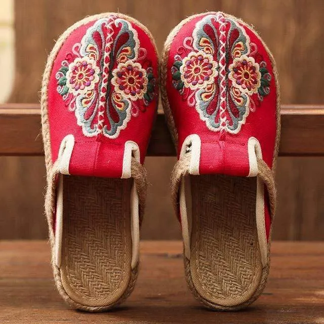 Asian Embroidery Hemp & Cotton Loafers