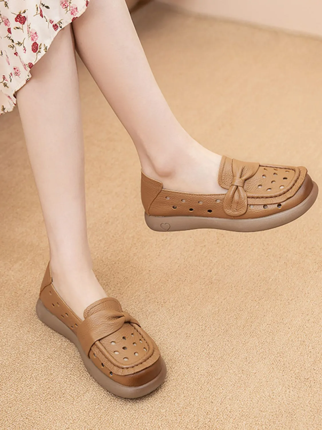 Bow Eyelet Round Toe Flat Loafers