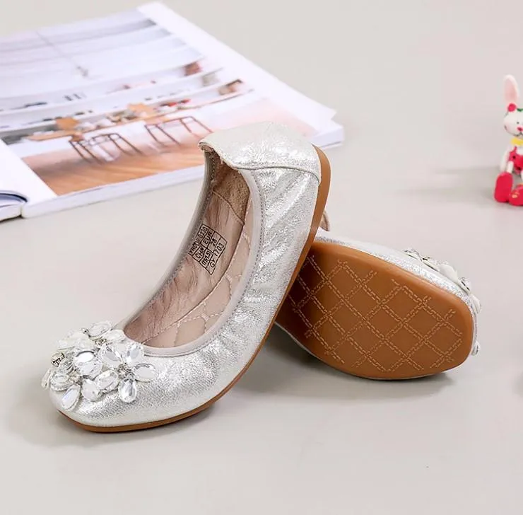 Child Round Toe  Rhinestone Flower Flat Loafers