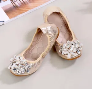 Child Round Toe  Rhinestone Flower Flat Loafers
