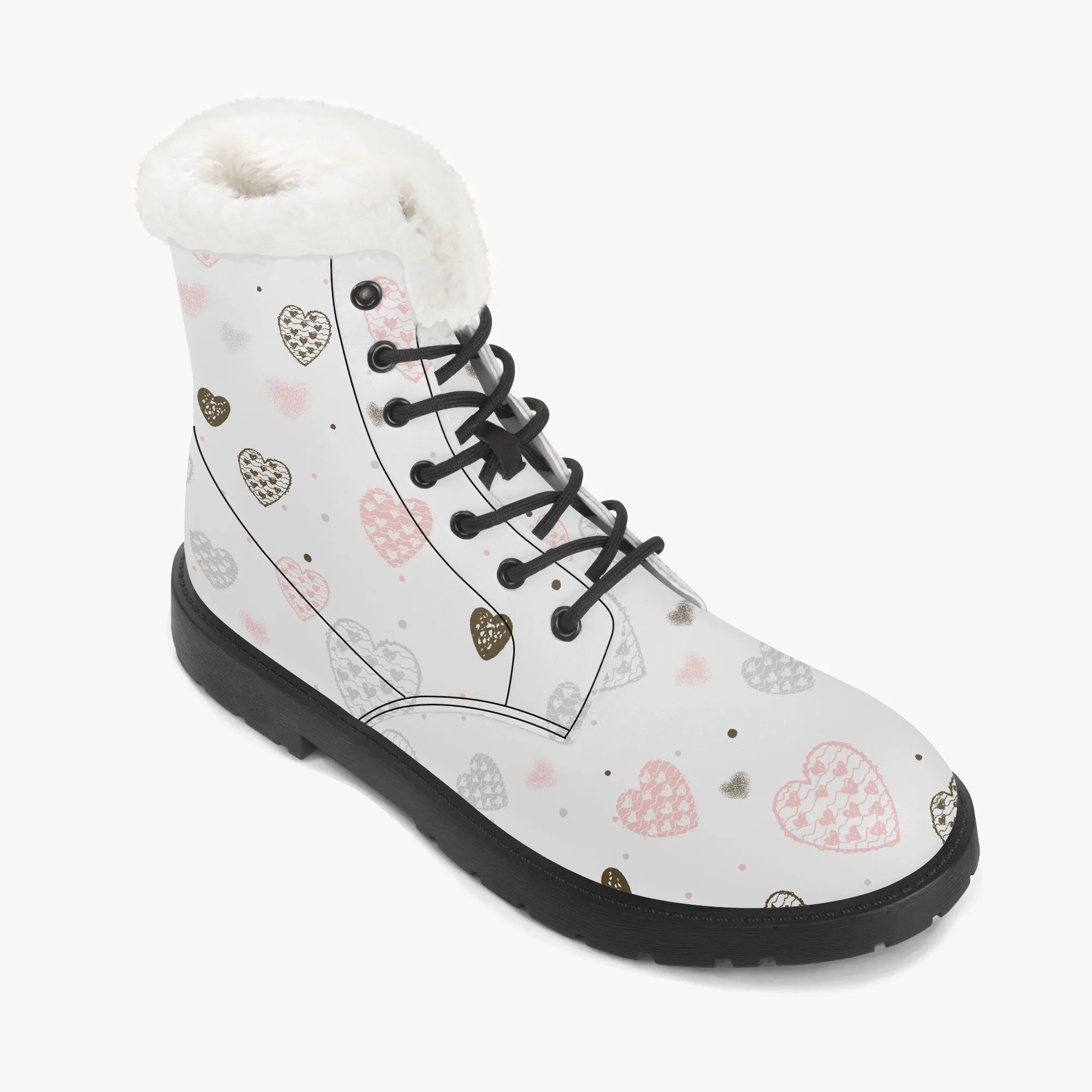 Faux Fur Leather Boots Multi Colour Hearts Large Print