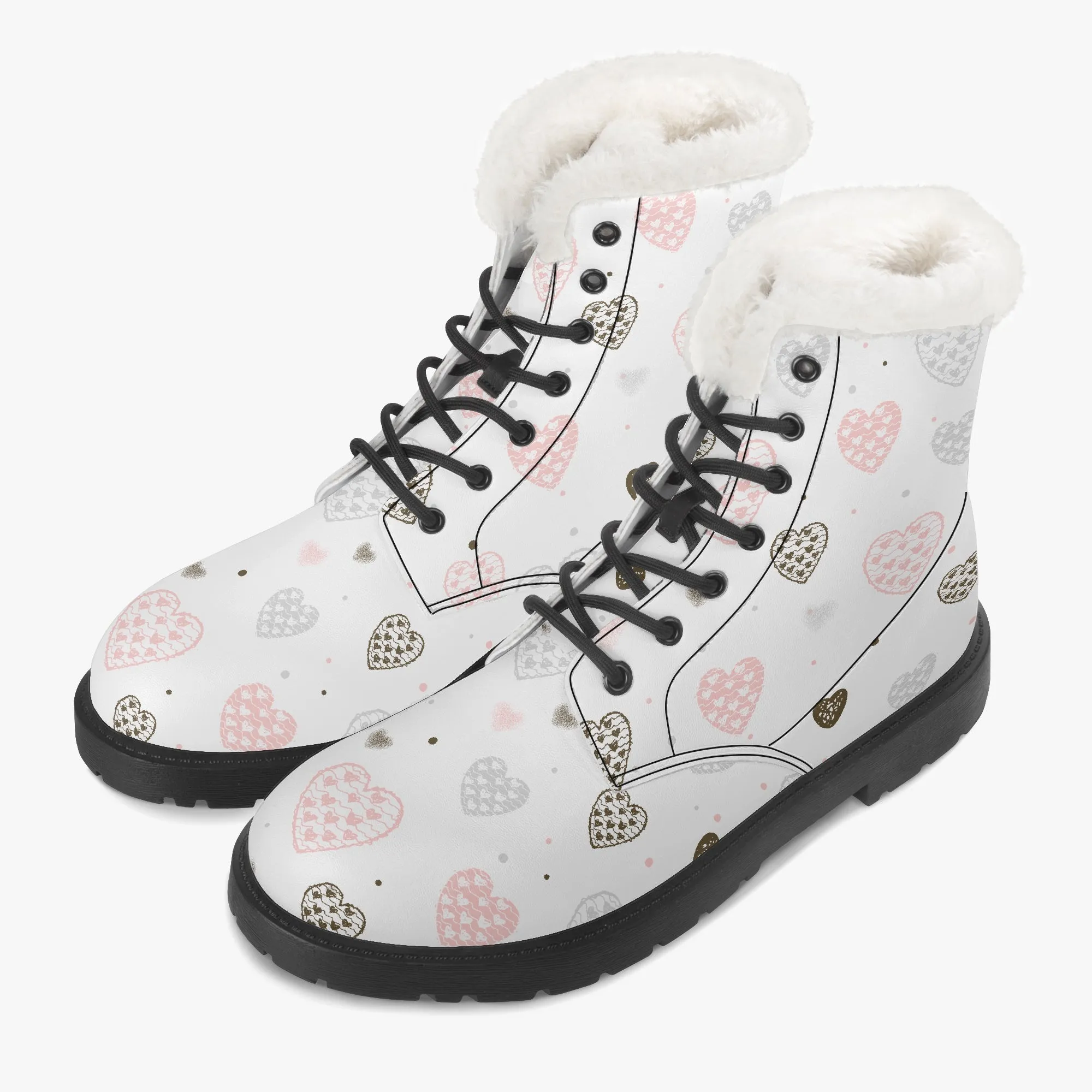 Faux Fur Leather Boots Multi Colour Hearts Large Print