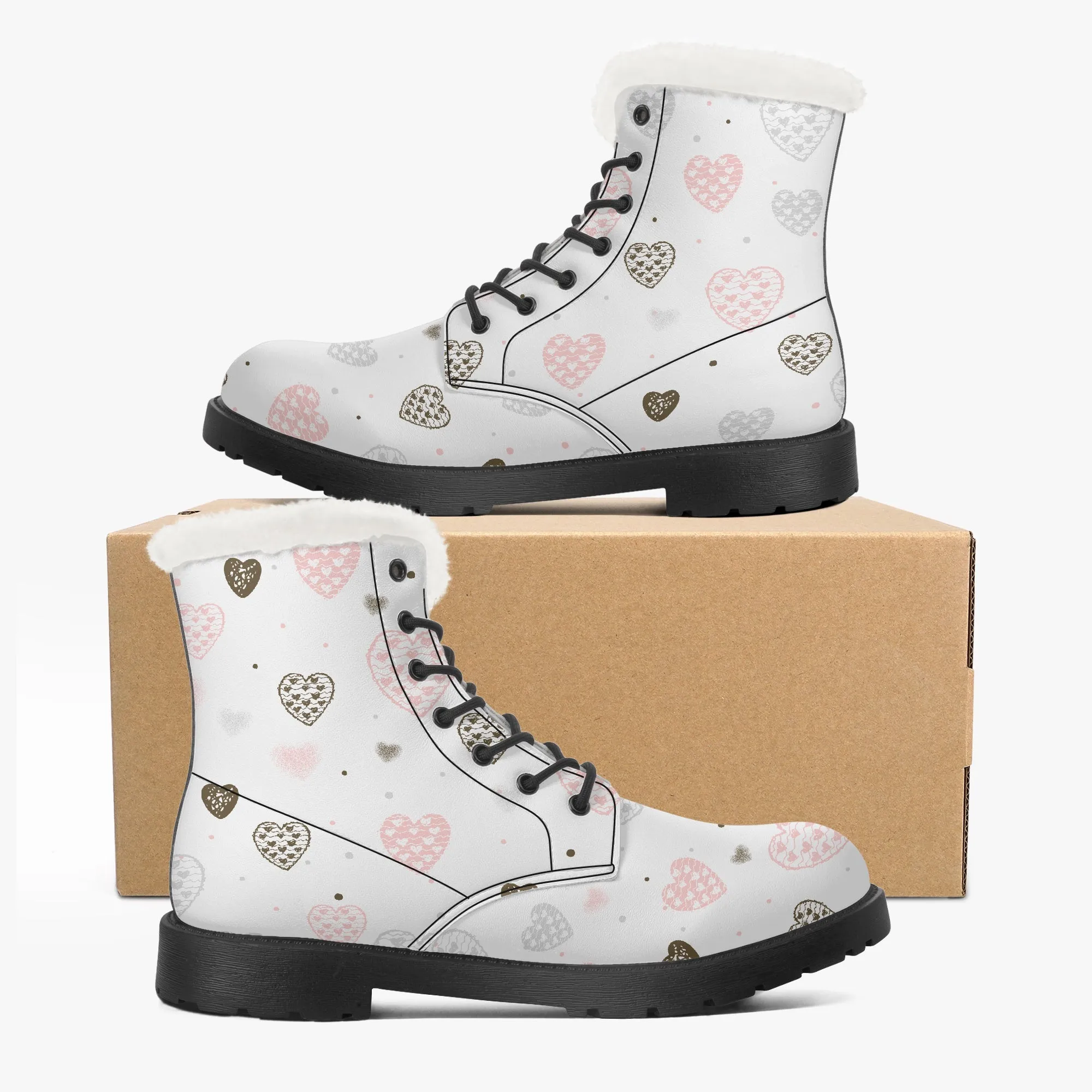 Faux Fur Leather Boots Multi Colour Hearts Large Print