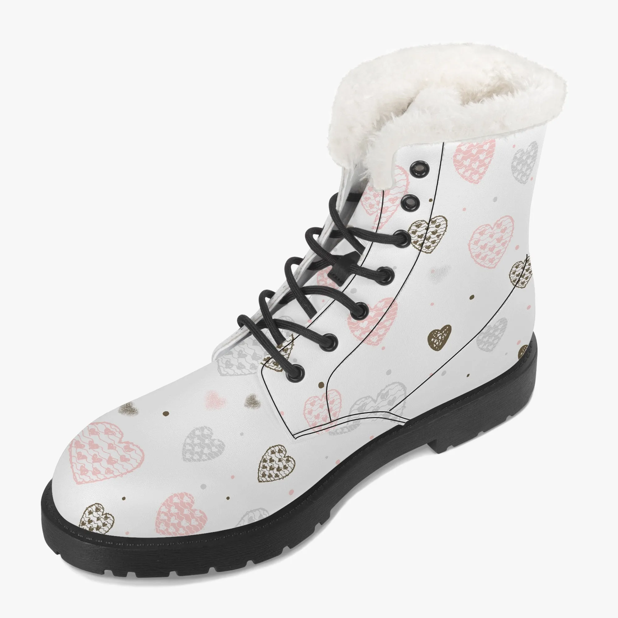 Faux Fur Leather Boots Multi Colour Hearts Large Print