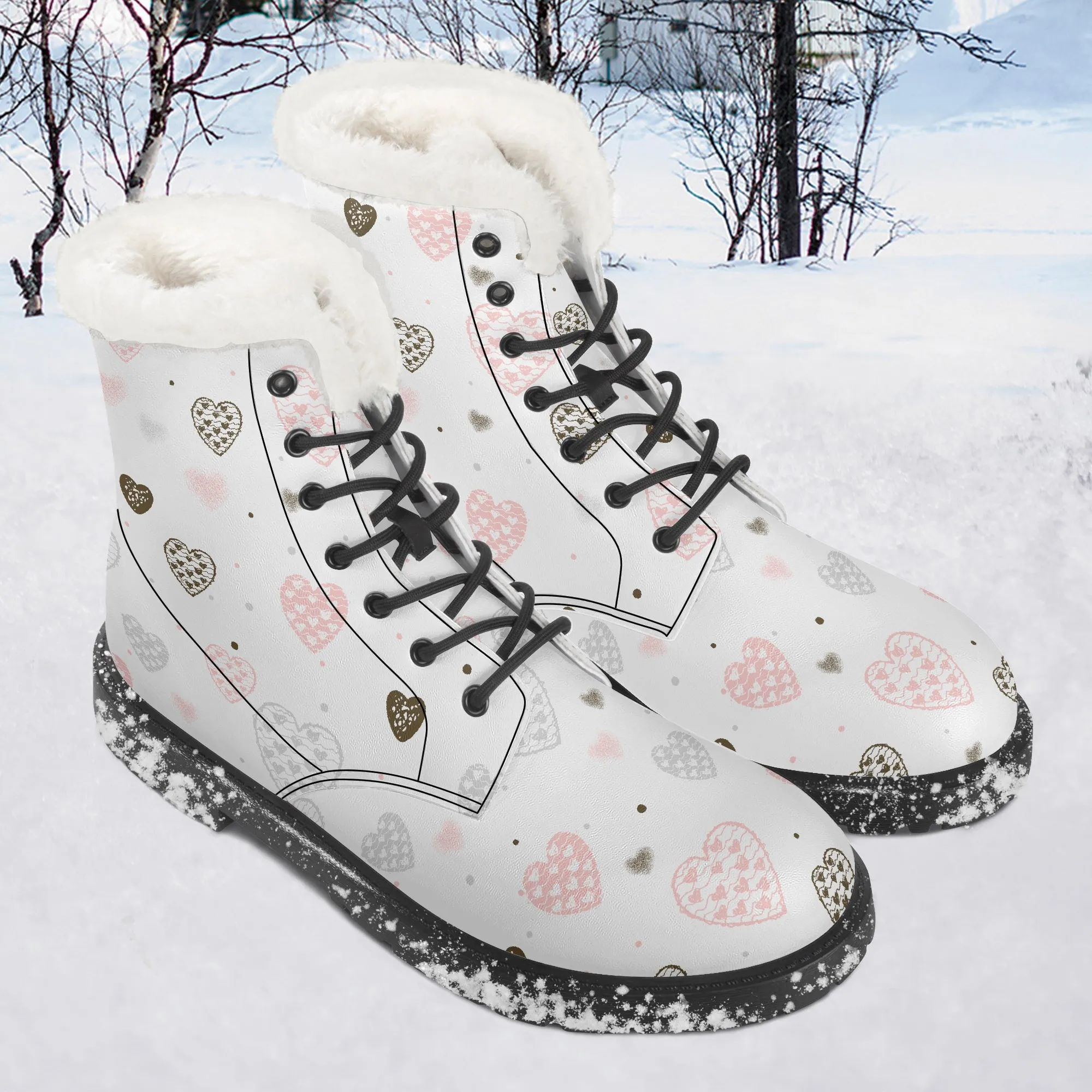Faux Fur Leather Boots Multi Colour Hearts Large Print
