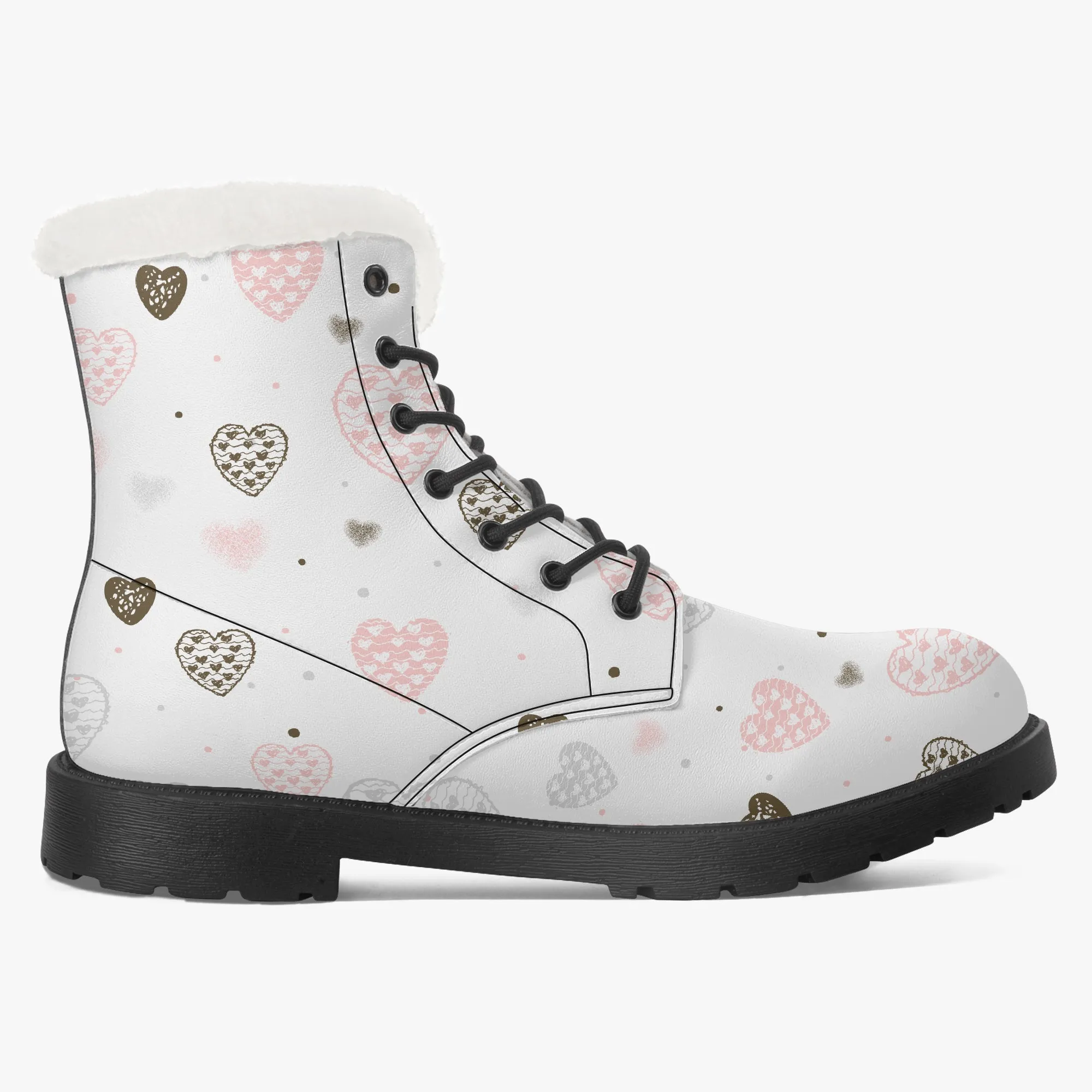 Faux Fur Leather Boots Multi Colour Hearts Large Print