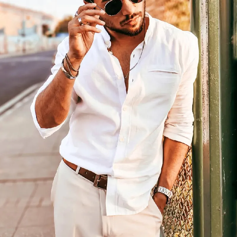 Men's Fashion Cotton Stand Collar Long Sleeve Shirt 10211413Y