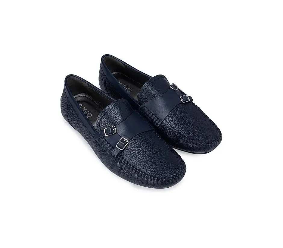Navy Textured Double Monk Style Moccasins