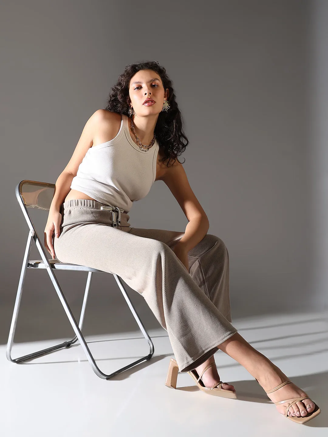 Women Beige Comfort Straight Fit Trousers